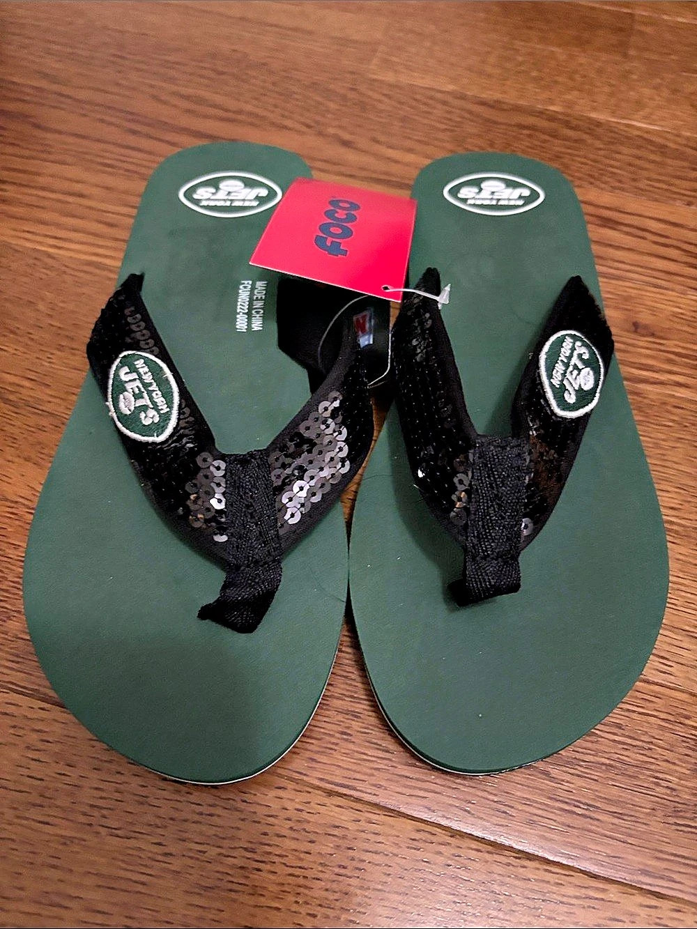FOCO NFL New York Jets flip-flop sandals Sequin Flip-Flops Green & Black Size 7-